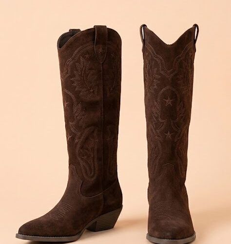 Botas Altas Western con Bordados de Estrellas y Tacón Cubano