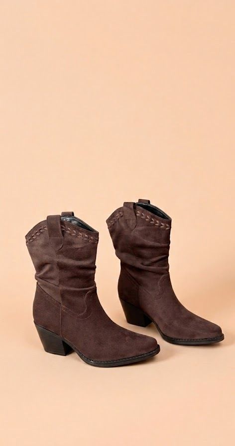 RXJ-313 Botin Slouchy con Ribete Trenzado y Tacón Ancho - Chocolate