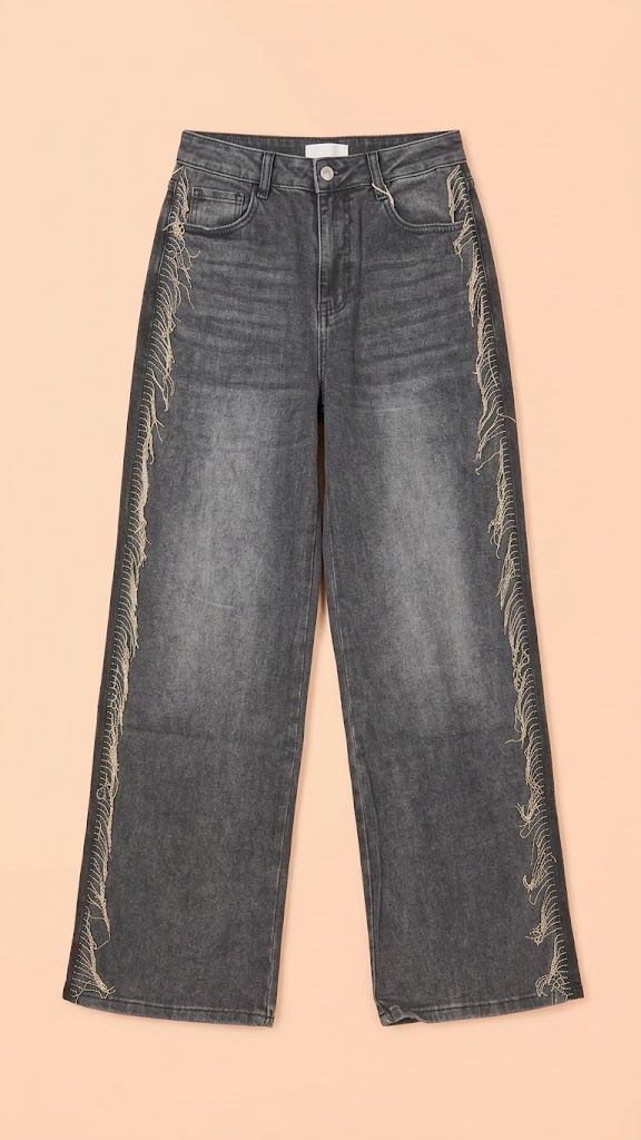 Jeans Grises con Flecos Laterales
