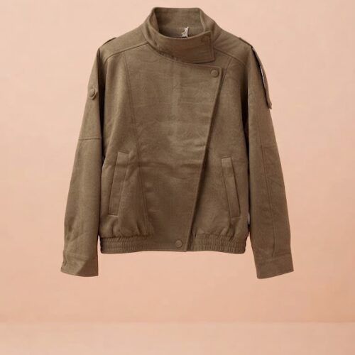Cazadora Bomber Asimétrica de Ante – Tono Beige