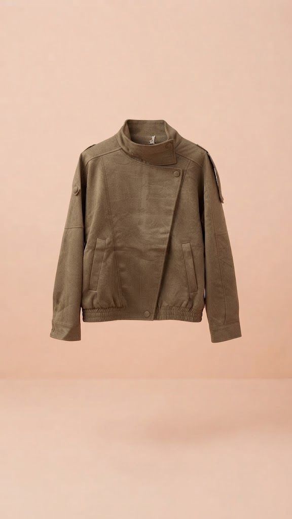22 Cazadora Bomber Asimétrica de Ante – Tono Beige
