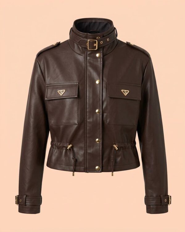 Ecopiel marron Chaqueta Corta Eco-piel con Cuello de Hebilla
