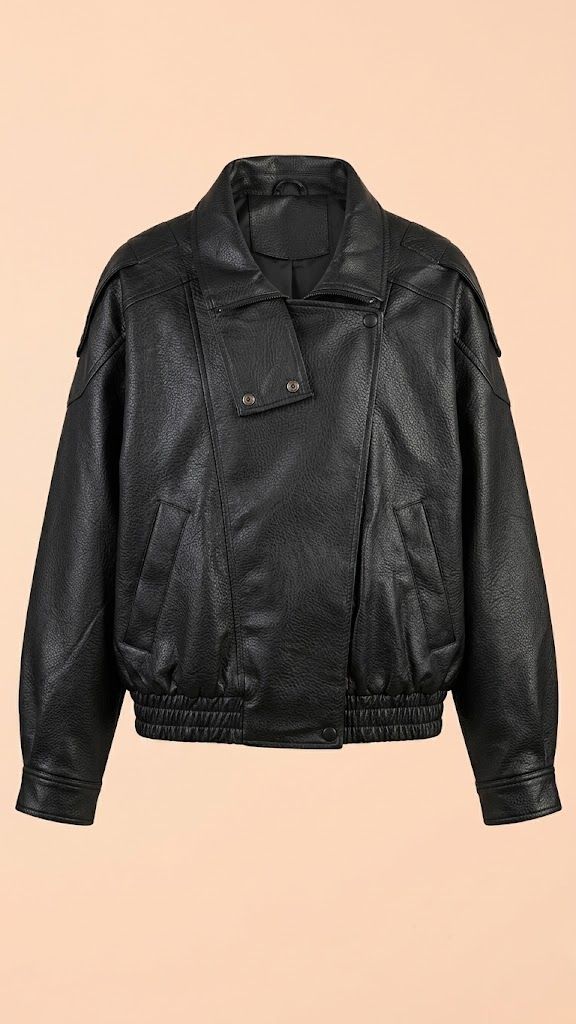 Ecopiel negra Chaqueta Ecopiel 'Oversize' con Cuello Alto y Bajo Elástico