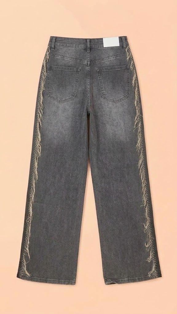 Jeans Grises con Flecos Laterales